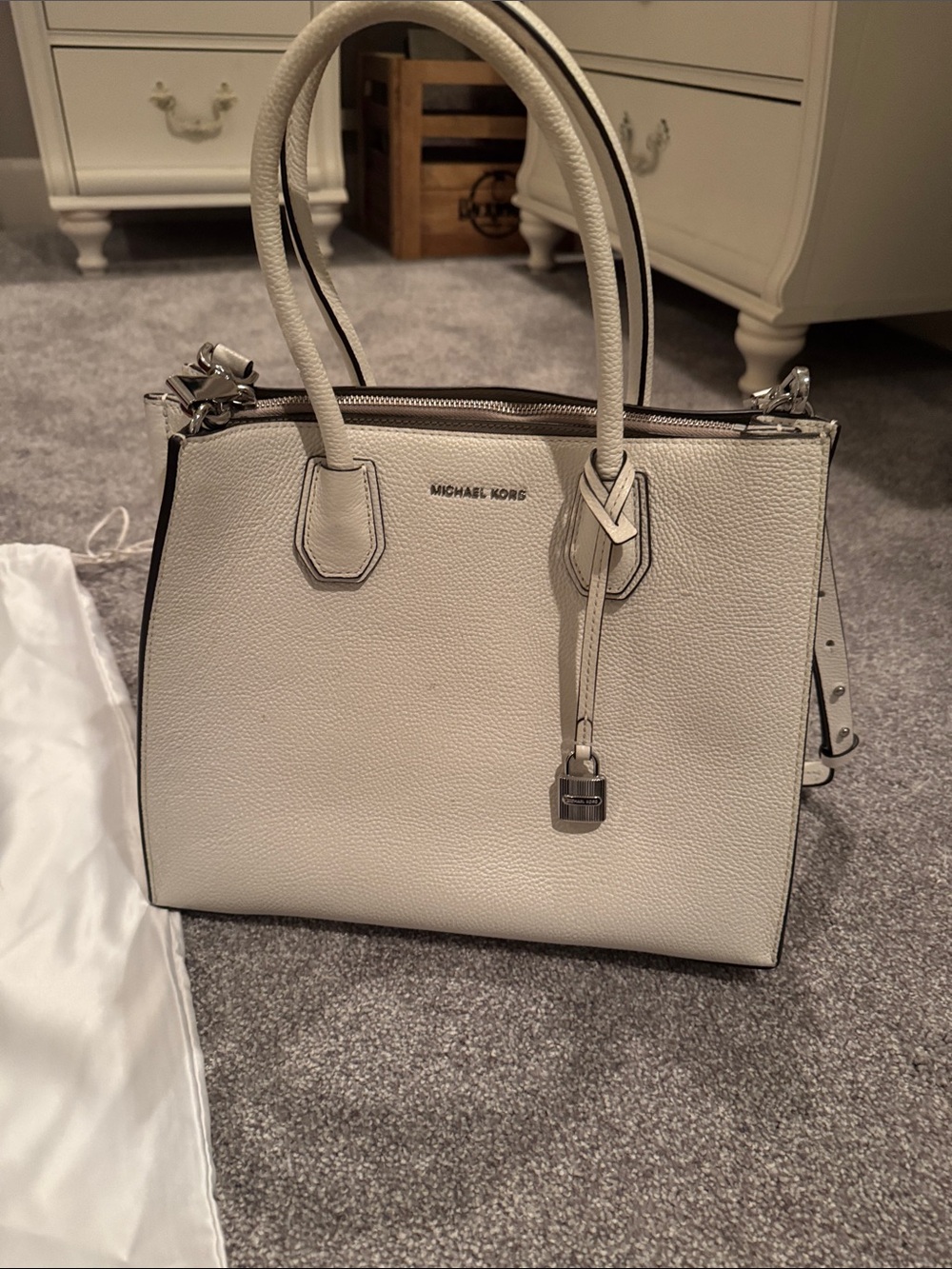 Michael Kors Off-White Pebbled Leather Satchel with Lock Charm